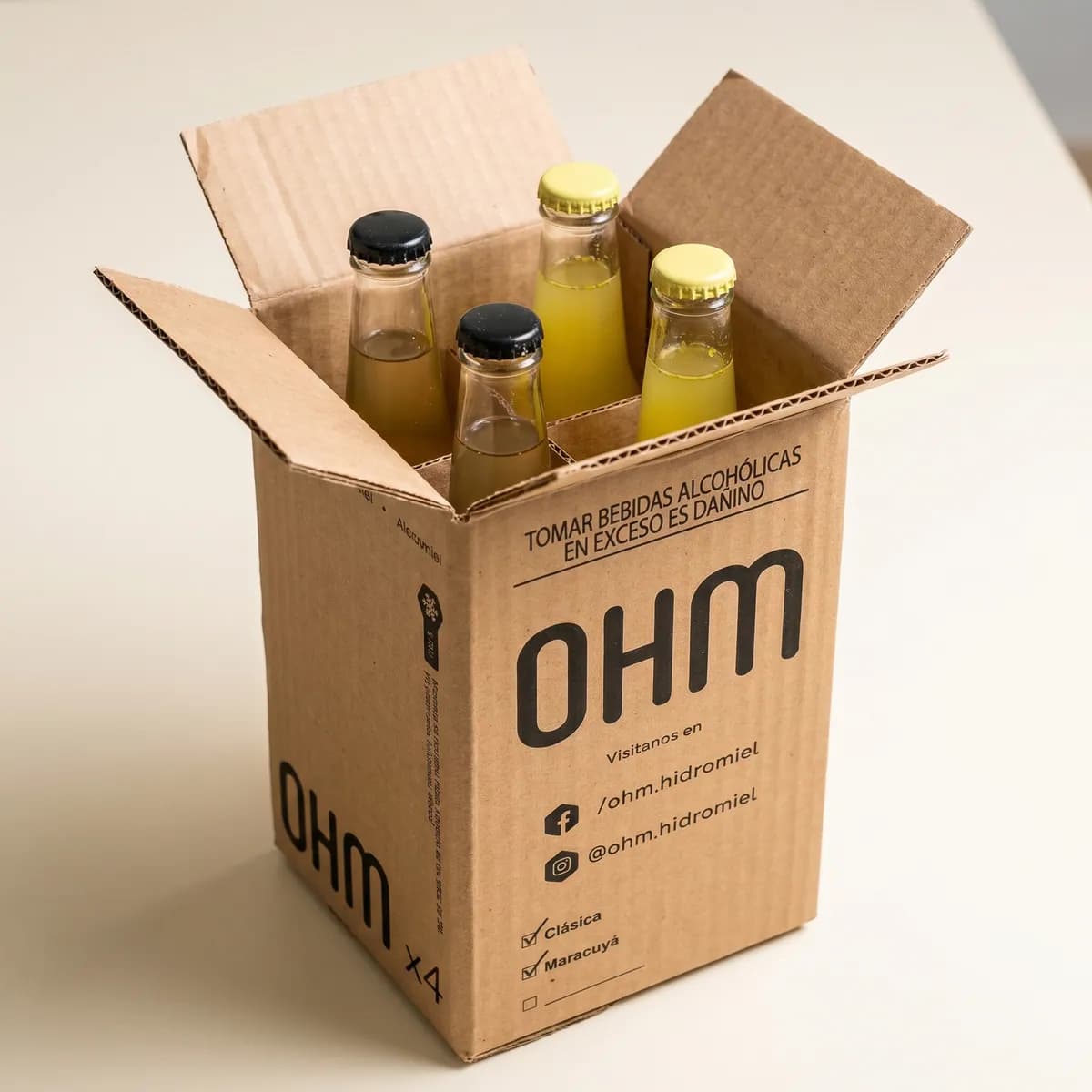 Pack de 4 botellas de hidromiel OHM (Clásica y Maracuyá) en caja kraft