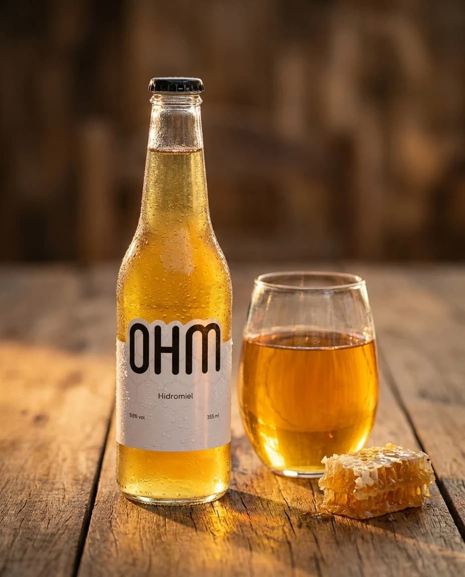 Botella de hidromiel OHM con vaso y panal de miel sobre mesa de madera
