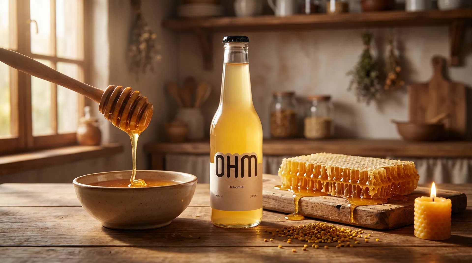 Miel artesanal vertida junto a una botella de hidromiel OHM